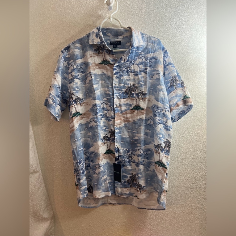 Peter Millar Crown Palm Tree Haven Linen Short Sleeve Shirt Mens Medium Blue NWT